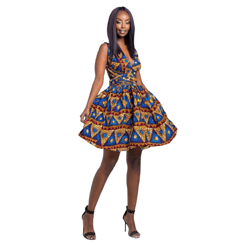 African Backless Floral Print Dress-Blue-Printed