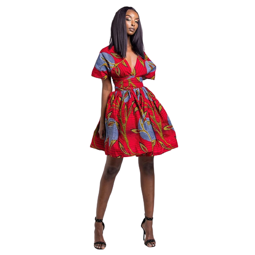 African Backless Floral Print Dress-Red/Blue