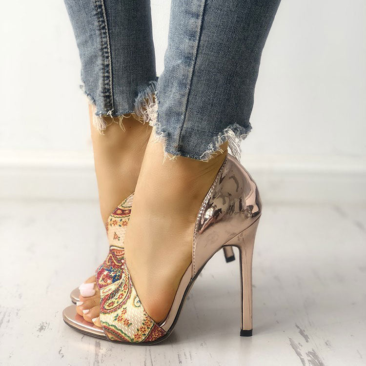 Paisley Pattern Open Toe Silver Gold Shoes