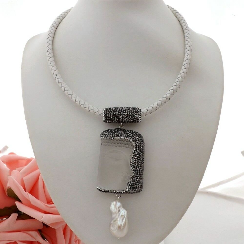 White Leather Crystal Buddha Choker Necklace