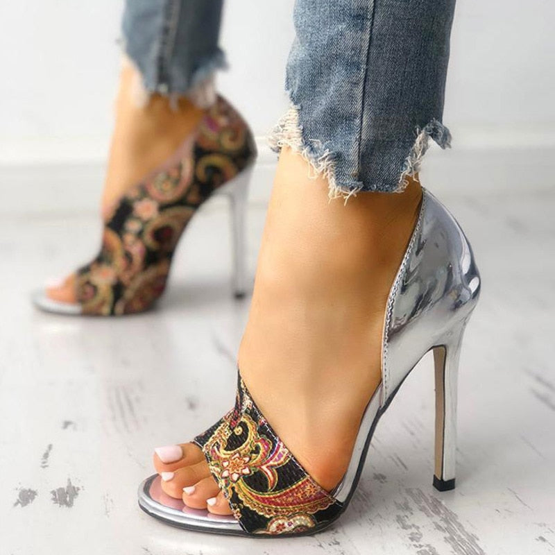 Paisley Pattern Open Toe Silver Gold Shoes