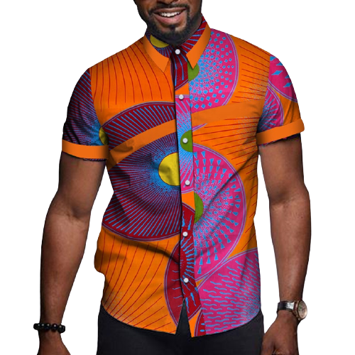 Men's African Print Short Sleeve Shirt-Purple