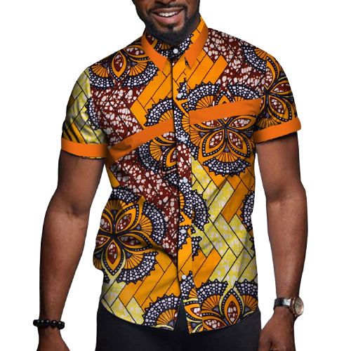 Men's African Print Short Sleeve Shirt-Brown