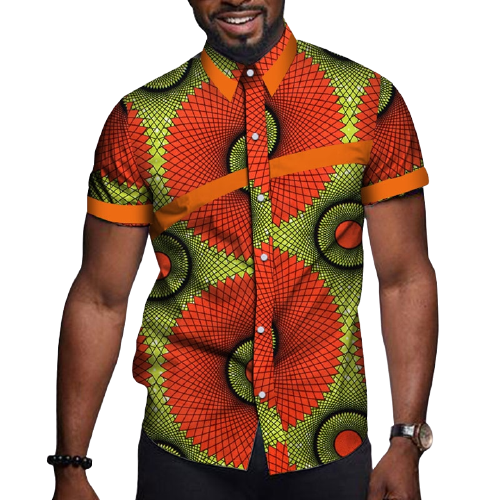 Men's African Print Short Sleeve Shirt-Red
