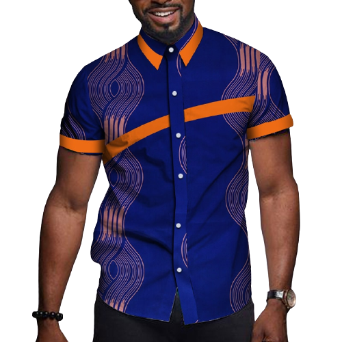 Men's African Print Short Sleeve Shirt-Blue