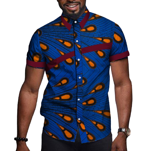 Men's African Print Short Sleeve Shirt-Blue/Red