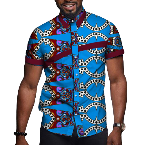 Men's African Print Short Sleeve Shirt-Blue/White