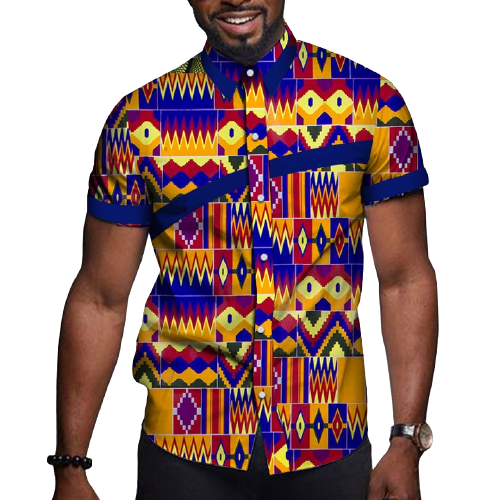 Men's African Print Short Sleeve Shirt-Blue/Yellow