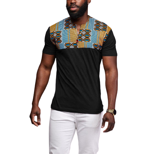 Men's Short Sleeve African Print T-Shirt-BLK