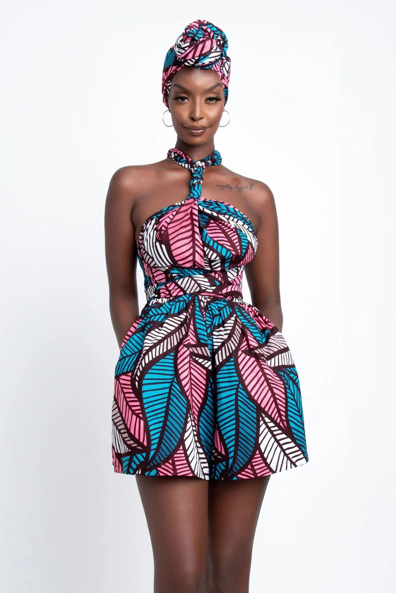 Trendy Retro African Print Jumpsuit-Blue/Pink