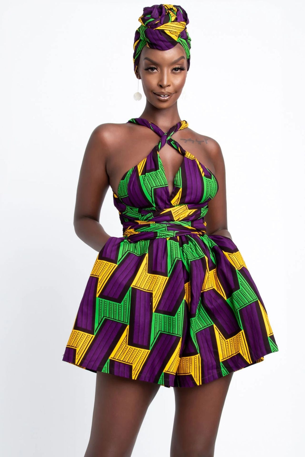 Trendy Retro African Print Jumpsuit-Purple/Green